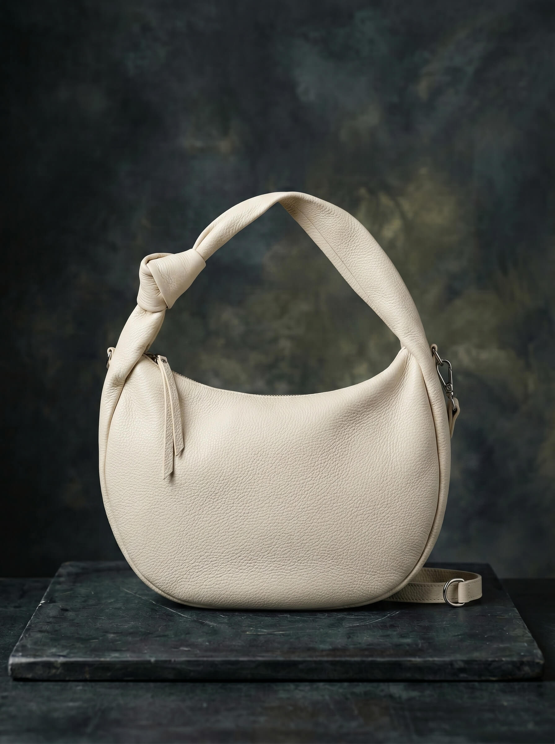 Cream Leather Knotted Hobo Bag Front